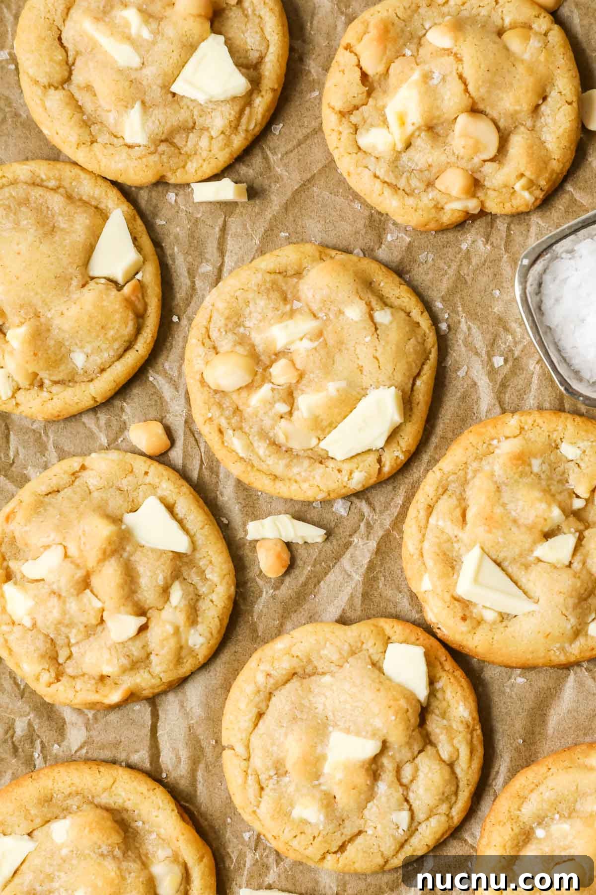 White Chocolate Macadamia Nut Cookies Recipe for Chewy, Crisp Bites 2 Overhead view of white chocolate macadamia nut cookies.