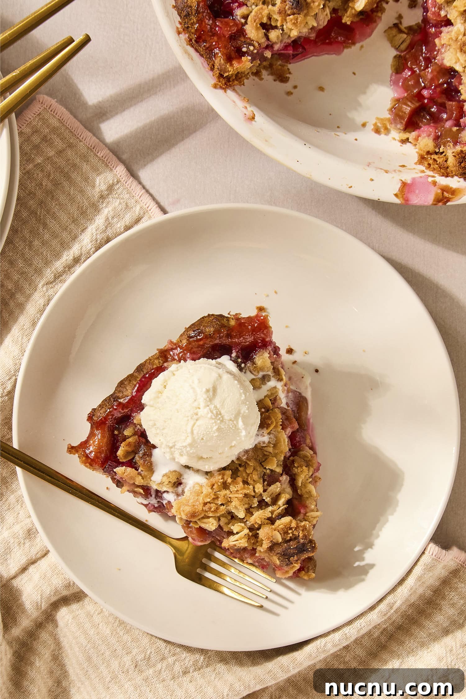 Slice of rhubarb pie on a plate with a scoop of ice cream.