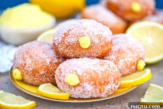 a plate of lemon curd filled donuts