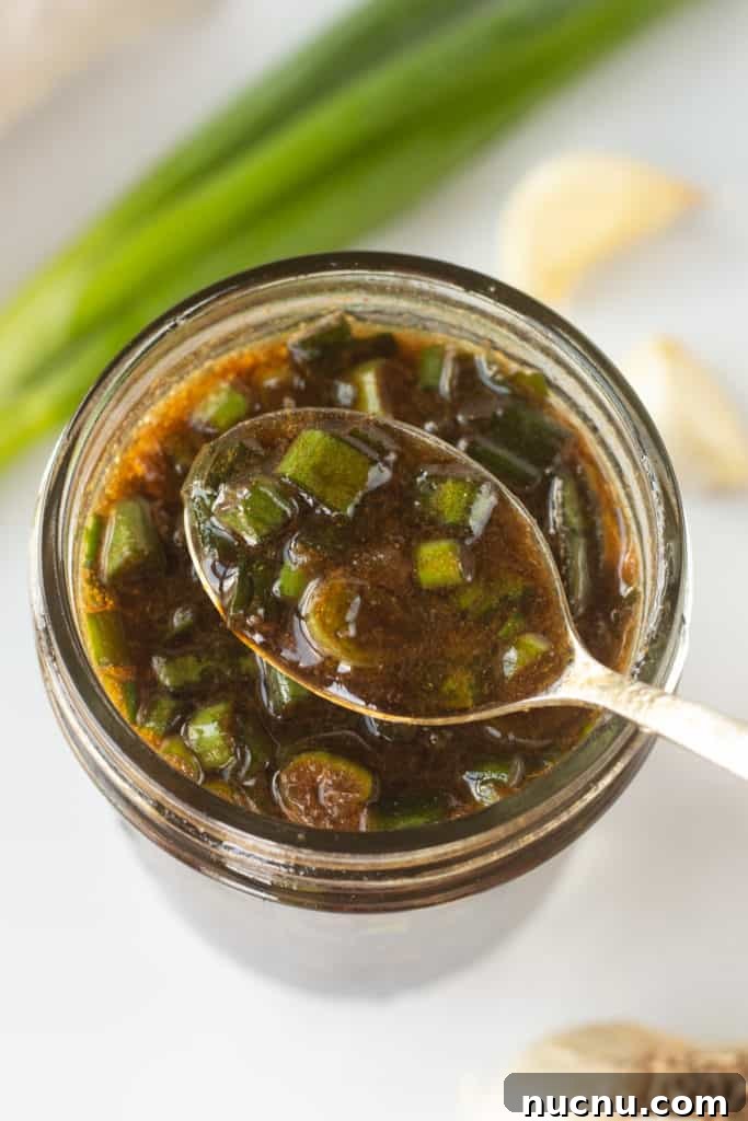 Gluten-Free Teriyaki Marinade Recipe for Stir-Fries & Grilling 2 A small spoon dipping into a small mason jar with a brown marinade with chopped green onions in it. Fresh green onions and cloves of garlic are around the jar.