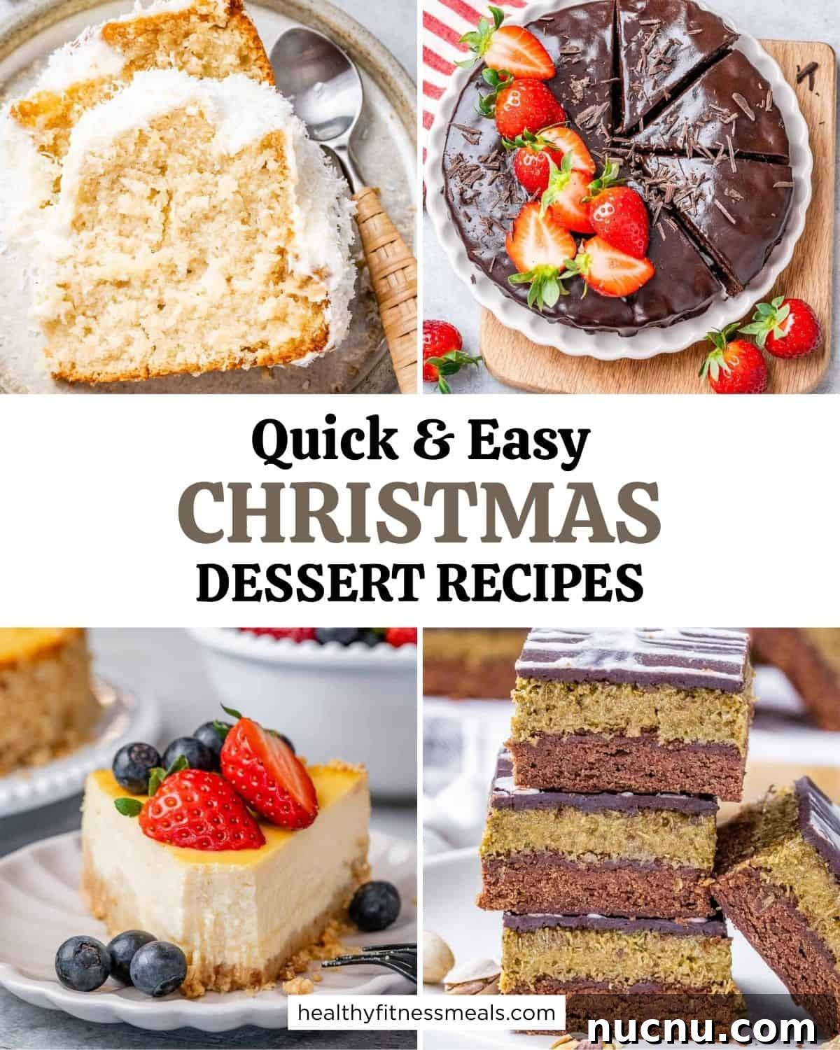 Over 10 Festive Christmas Dessert Recipes for Holiday Gatherings 2 collage of 4 desserts for a Christmas dessert recipe roundup.