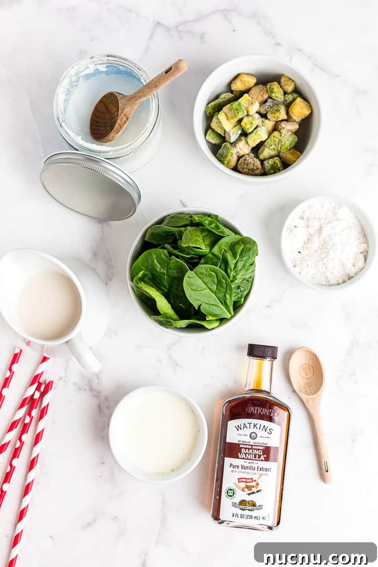 Keto Green Smoothie Vanilla Ice Cream Recipe for Low-Carb Desserts 3 overhead view of smoothie ingredients such as spinach, vanilla extract, and avocado