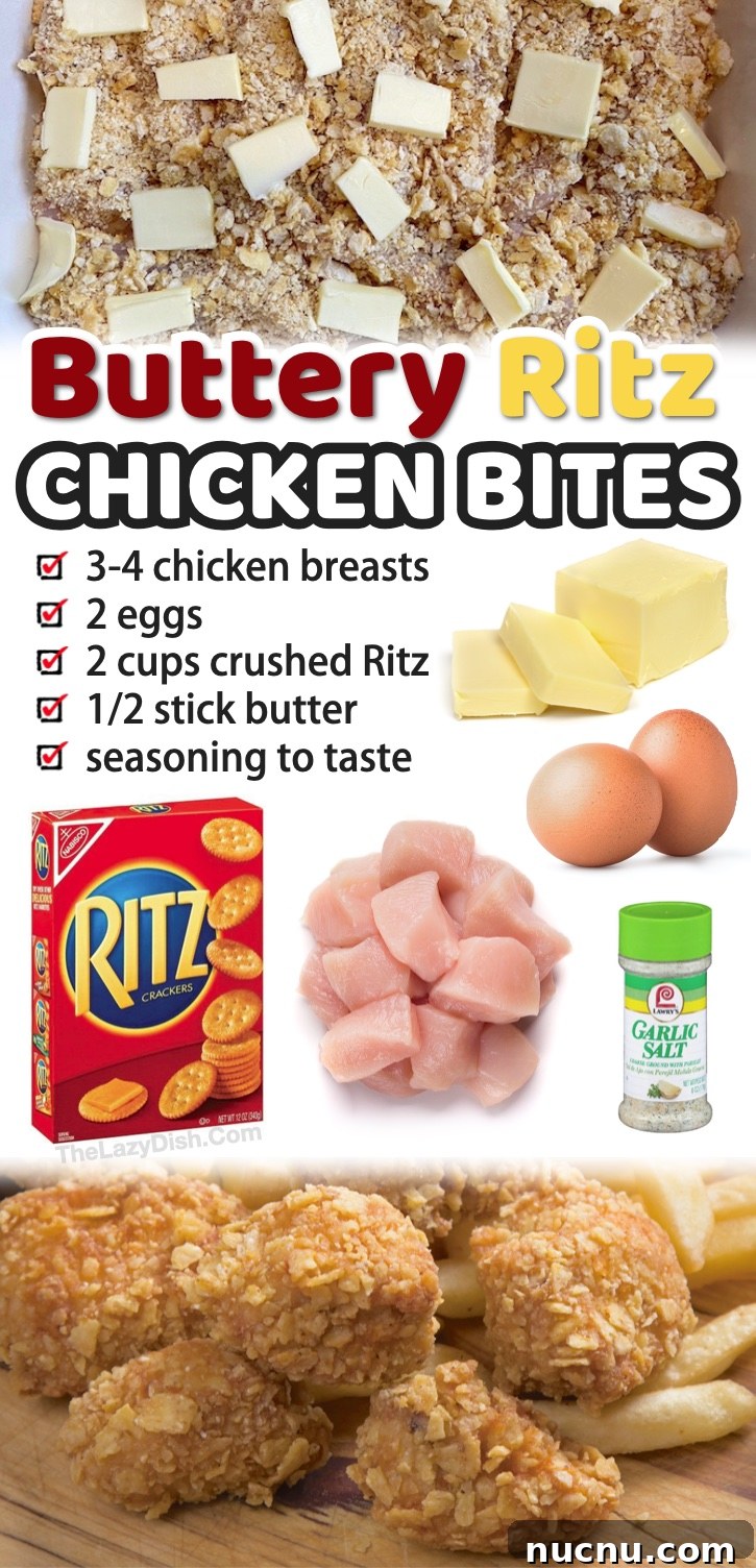 Famous Butter Ritz Chicken | A quick and easy homemade baked chicken nugget recipe! My kids absolutely love these crispy and tender chicken bites. Super simple and cheap to make with just a few ingredients including Ritz crackers, butter, eggs, and seasoning. Just throw it all in a pan and bake! This recipe is great for your picky eaters and hangry teenagers as an after school snack or comforting meal. Great for busy weeknights! A really family friendly recipe that everyone will love. 