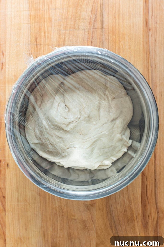 Cold pizza dough in a stainless steel bowl.