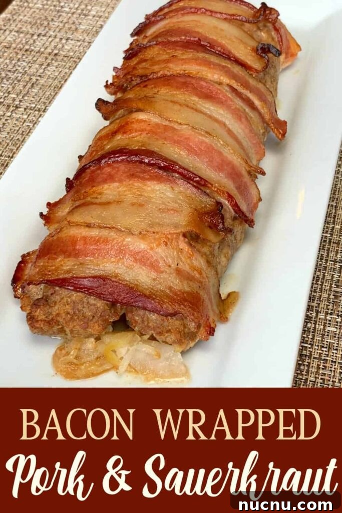 Bacon wrapped pork and sauerkraut roll on a white tray on beige placemat with text