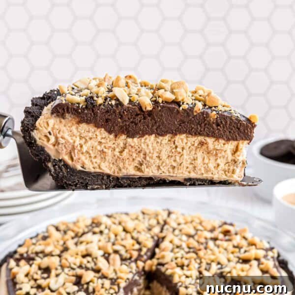 Slice of chocolate peanut butter pie being lifted from the rest of the pie.