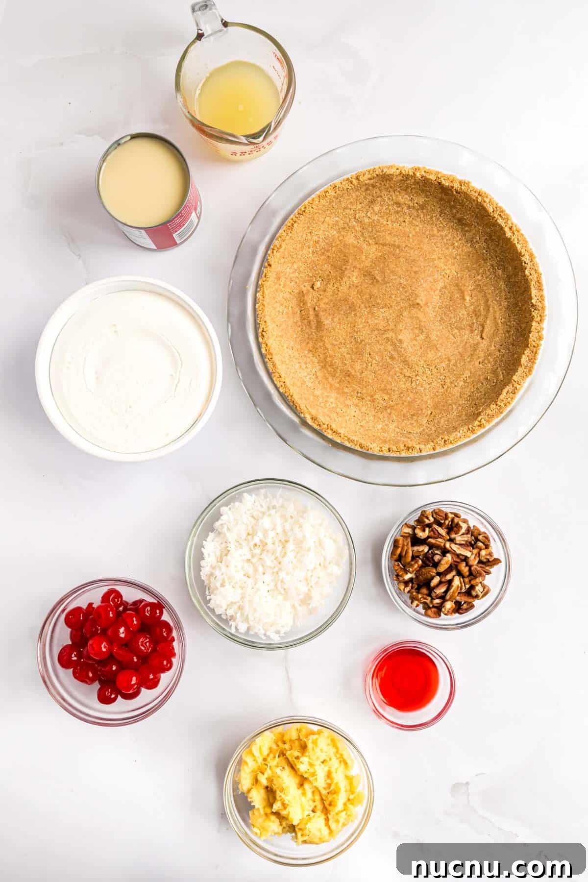 Overhead view of ingredients needed for millionaire pie.