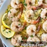 spaghetti squash shrimp scampi on a white plate with lemon slices
