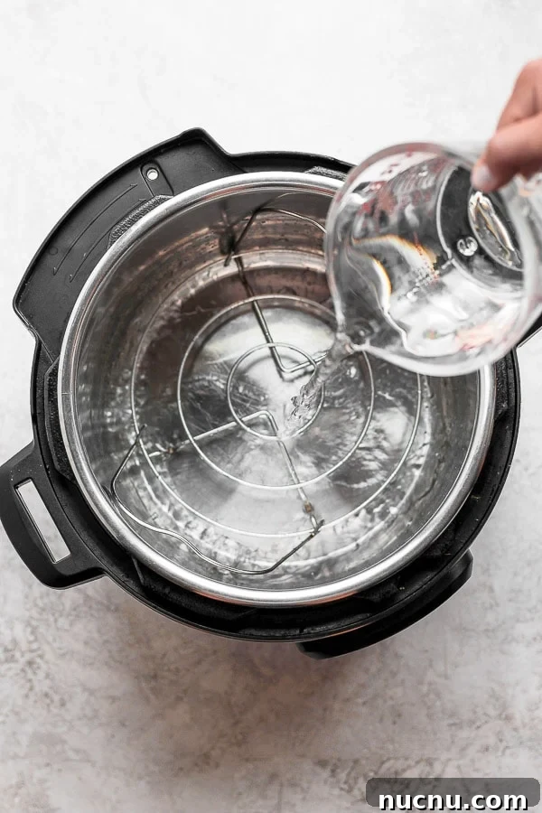 Water being poured into the bottom of an Instant Pot with the trivet on the bottom.