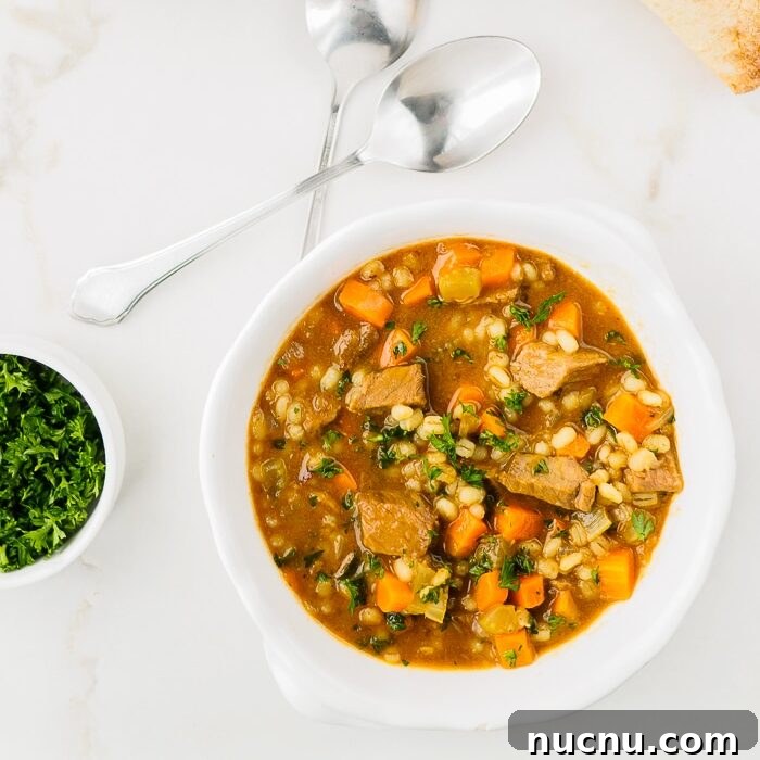 Hearty Beef and Barley Soup Recipe for Comforting Weeknight Meals 3 Bowl of beef barley soup.