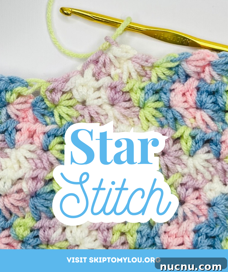 A multicolored yarn in yellow, blue, pink, purple, and white in a star stitch pattern.