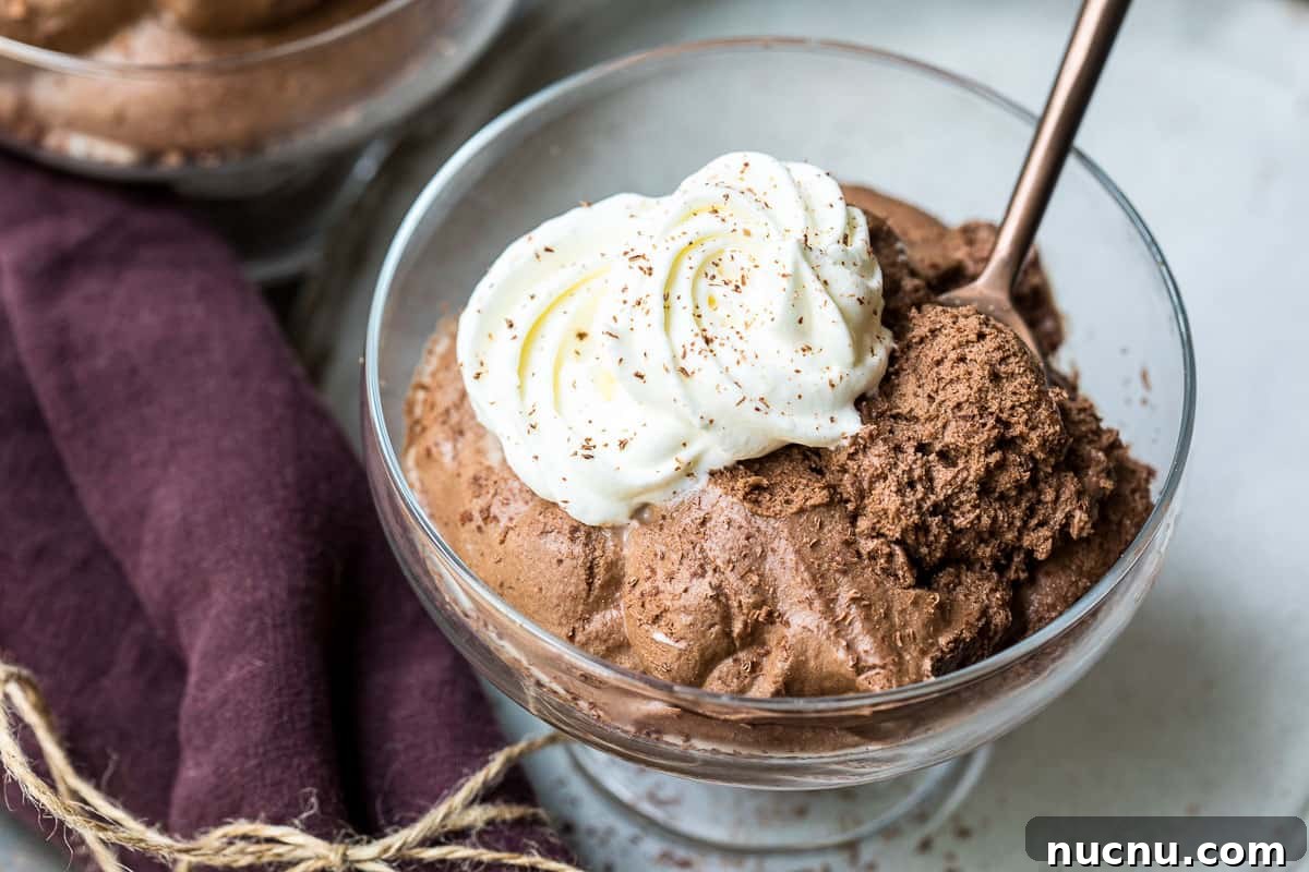 Decadent Homemade Chocolate Mousse Recipe for Silky Results 12 dish of chocolate mousse with spoon and whipped cream.