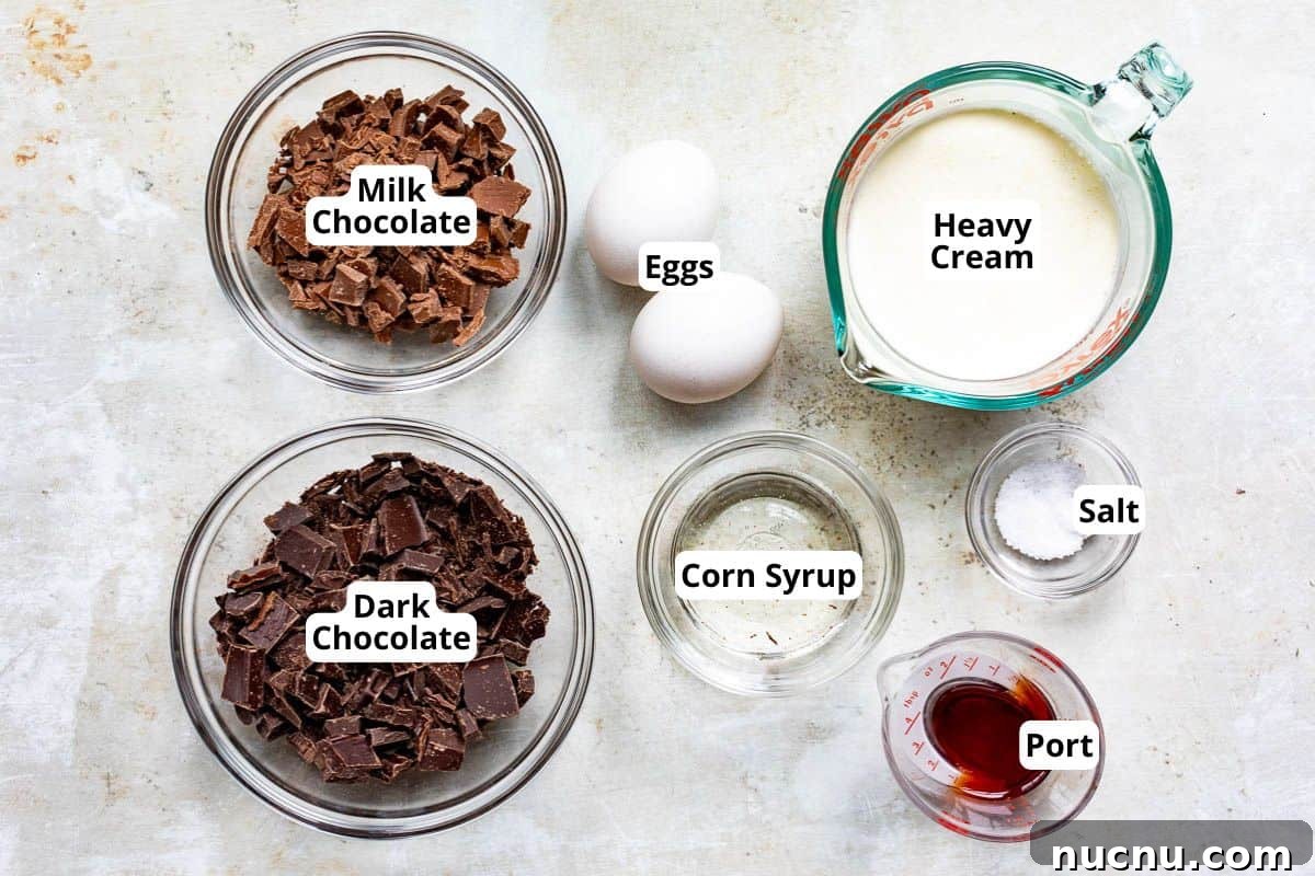Decadent Homemade Chocolate Mousse Recipe for Silky Results 3 milk chocolate, dark chocolate, eggs, corn syrup, heavy cream, salt, and port.