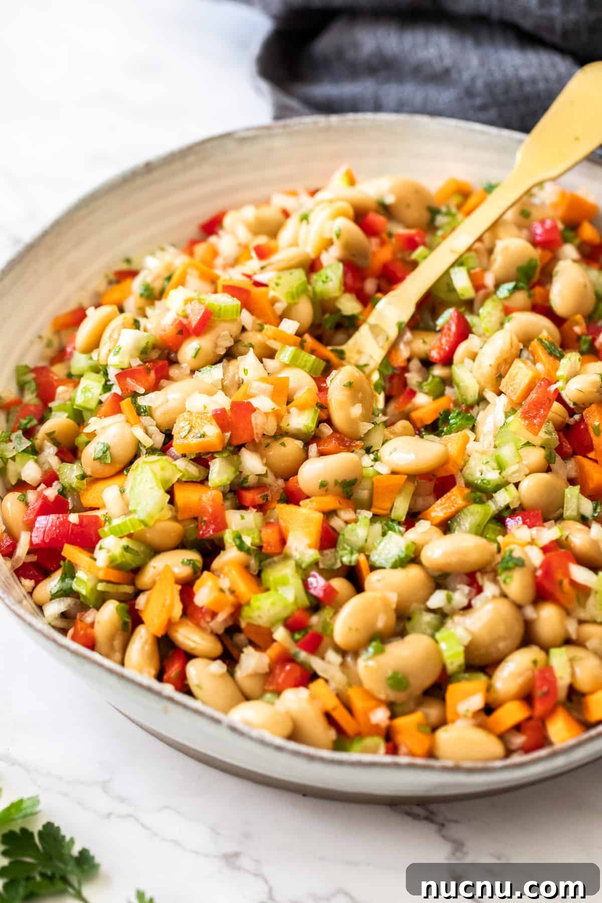 Creamy Butter Bean Salad with Lemon & Herbs — Quick Summer Side 7 Round dish of Butter Bean Salad, with a spoon sitting in it, and a sprig of parsley and grey towel on edge of photo.