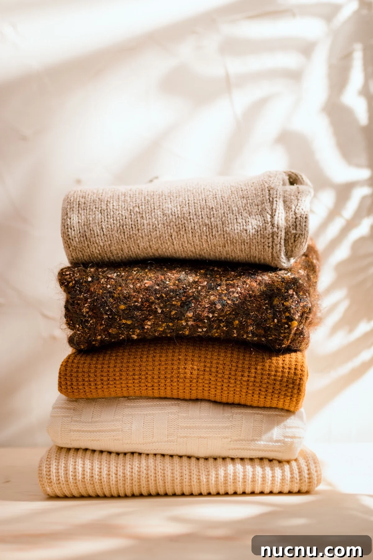 Create a Versatile Fall Capsule Wardrobe: 10 Timeless Pieces 2 Fall sweaters stacked on a textured background