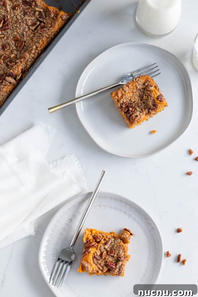 Pumpkin Gooey Butter Cake with Pecan Streusel Recipe 3 gooey butter cake slices on plates