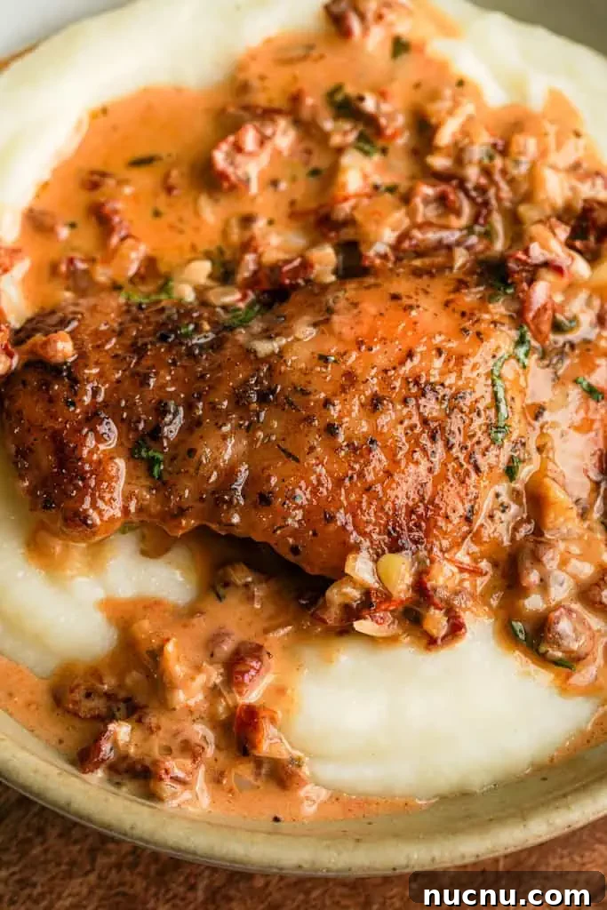 close up view of marry me chicken with mashed potatoes