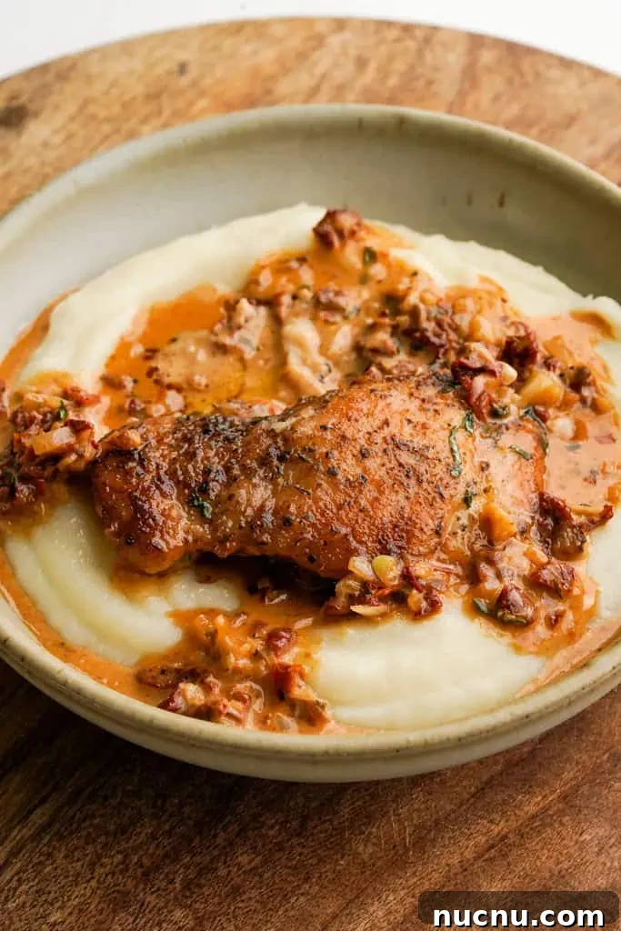 plated marry me chicken with mashed potatoes