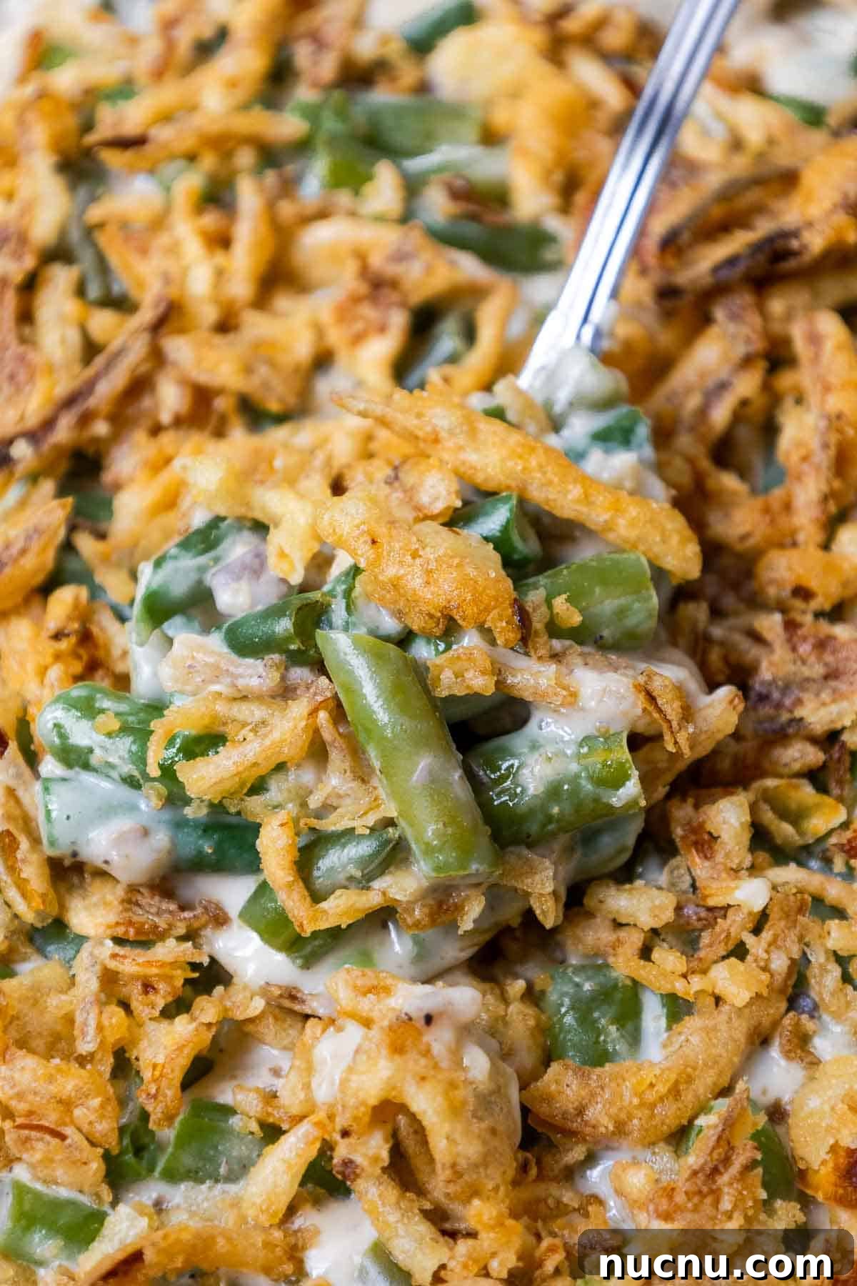 Double Green Bean Casserole Recipe for Family-Sized Meals 2 Green bean casserole with crispy fried onions.