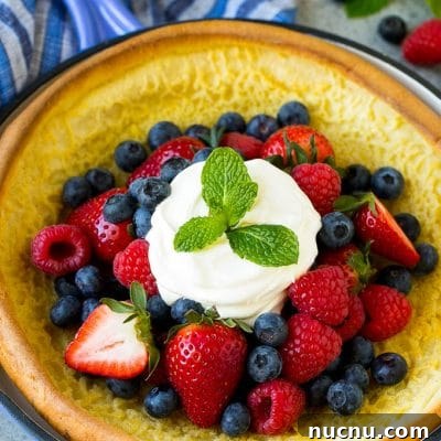 Fluffy Dutch Baby Pancake: Simple Oven-Baked Brunch Recipe 3 A Dutch baby puffed pancake in a skillet, topped with berries and whipped cream.