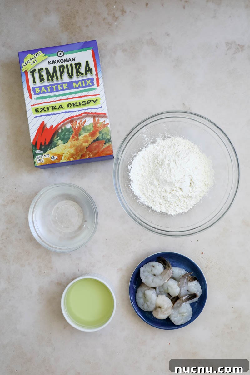 ebi shrimp tempura ingredients with flour, shrimp, oil, and water.