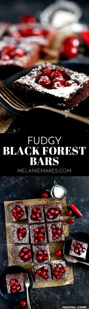 These easy Fudgy Black Forest Bars are loaded with chocolate chunks and puddles of cherry pie filling and finished with a shower of powdered sugar. #blackforest #chocolate #cherry #dessertfoodrecipes #desserts
