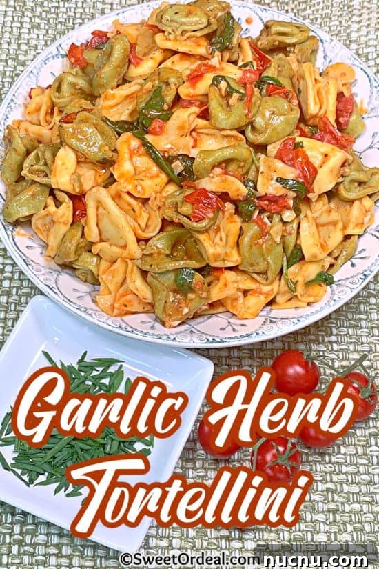 Garlic Herb Tortellini is creamy and delicious with cherry tomatoes and baby spinach.