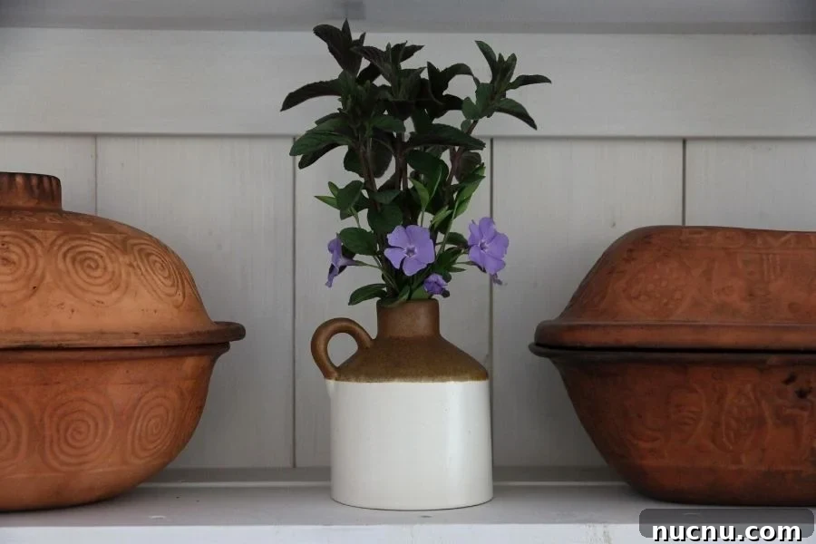 a small stoneware jug with mint and purple blossoms