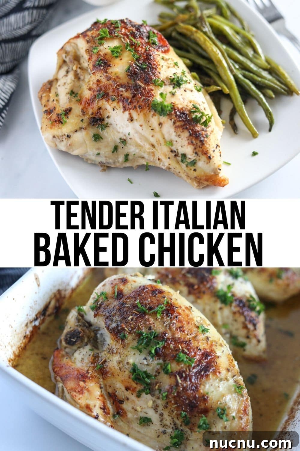 Zesty Italian Chicken and Classic Dressing Recipe 6 collage of tender Italian baked chicken in white dishes.