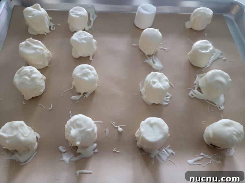 marshmallows coated in candy melt for marshmallow ghosts