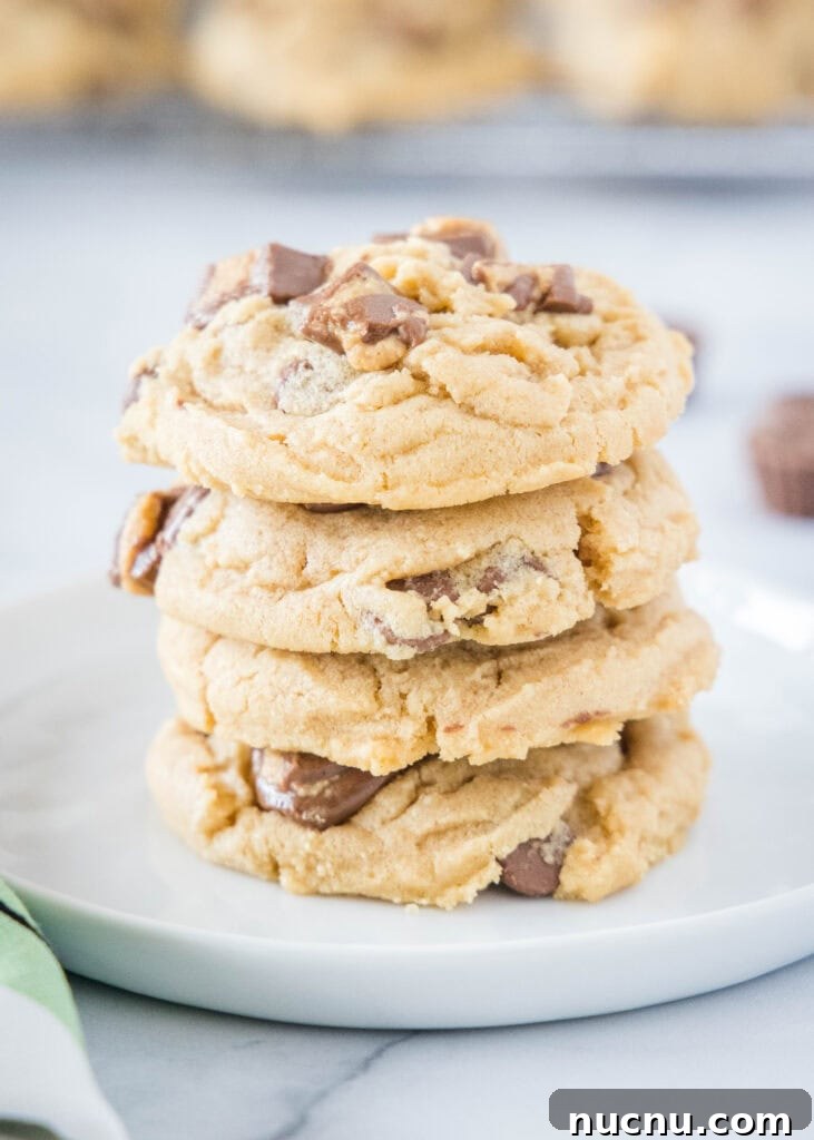 Chewy Reese’s Peanut Butter Cookies Recipe 2 stacked reese's peanut butter cookies on a plate