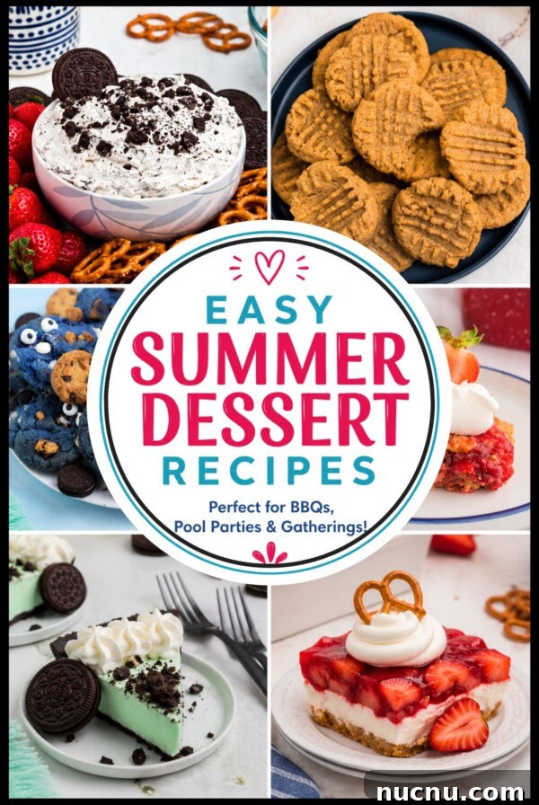 Irresistible Peach Dump Cake Recipe for Quick Summer Desserts 12 Collage of summer desserts including Oreo dip, coconut delight, grasshopper pie, strawberry dump cake, patriotic truffles, flag fruit pizza, Cookie Monster cookies, and strawberry pretzel salad.