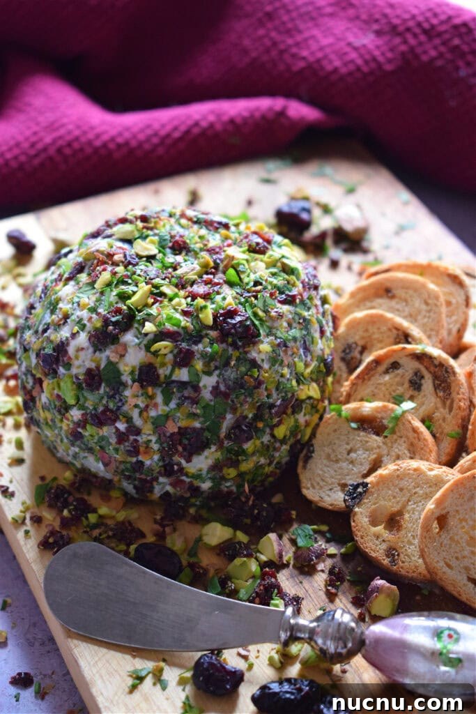 Cranberry Pistachio Goat Cheese Ball Recipe for Parties 2 Cranberry goat cheese ball on a board with crackers.