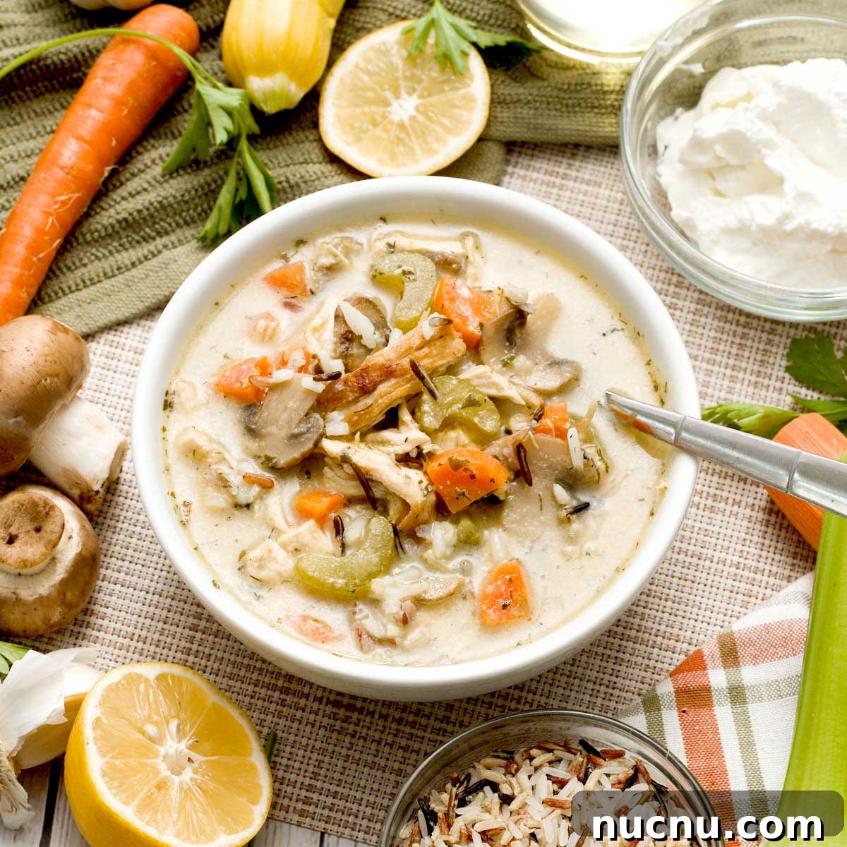 Gluten-Free Sweet and Sour Chicken Made in a HexClad Pan 12 A bowl of creamy chicken and wild rice soup without cream and with greek yogurt.
