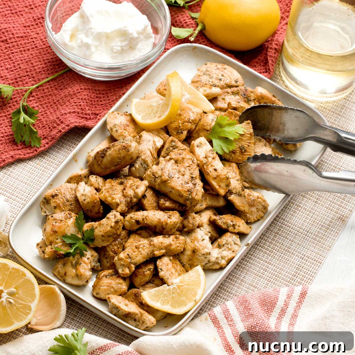 Gluten-Free Sweet and Sour Chicken Made in a HexClad Pan 13 A dish with greek yogurt marinated chicken breast diced in bite-sized pieces.