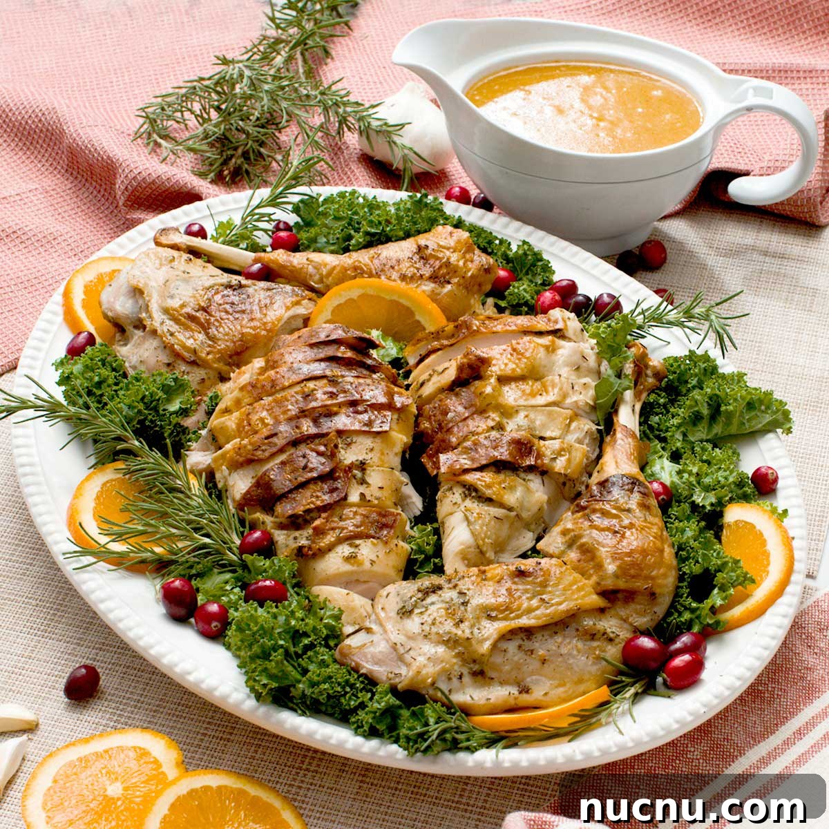 Gluten-Free Sweet and Sour Chicken Made in a HexClad Pan 15 A crispy spatchcock turkey with gluten-free gravy on a serving platter.