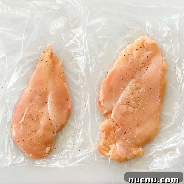 Gluten-Free Sweet and Sour Chicken Made in a HexClad Pan 6 Two pounded and salted chicken breasts on a cutting board.