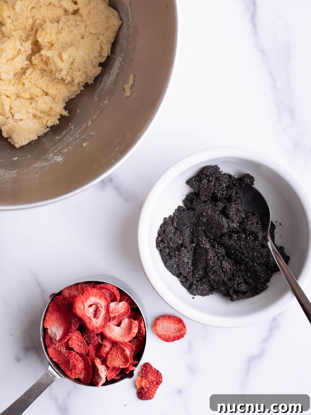 Strawberry and Black Sesame Cookies Recipe for Flavorful Cookies 3 Cookie dough, black sesame paste, and freeze dried strawberries