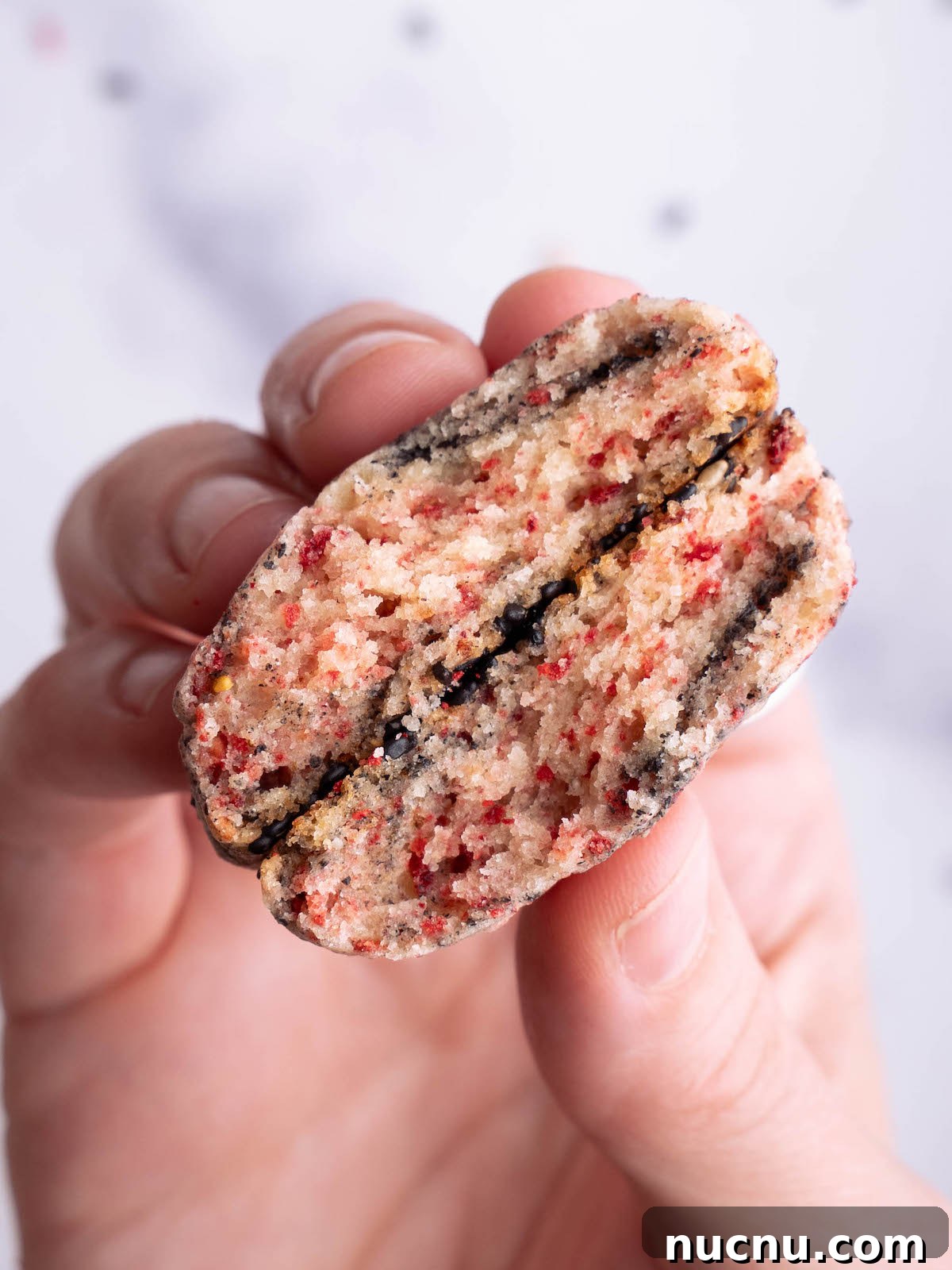 Strawberry and Black Sesame Cookies Recipe for Flavorful Cookies 9 A cookie broken in half to show swirl inside