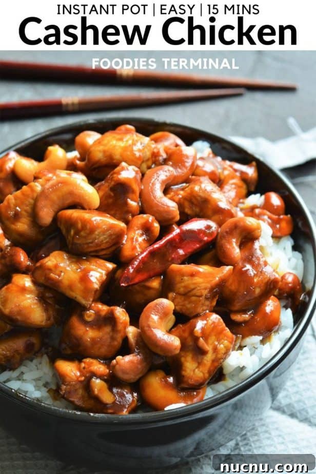 Instant Pot cashew chicken served in black bowl over rice