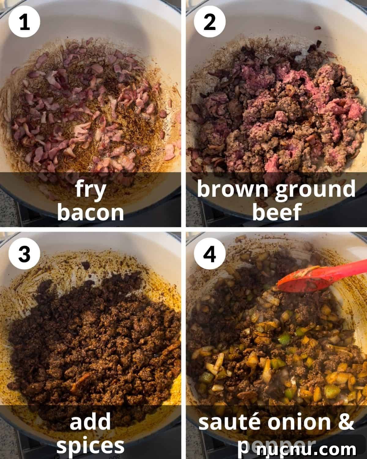 A 4 photo collage of brown beef and spices.