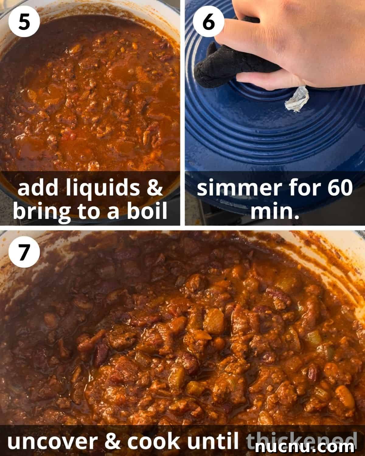 A 3 photo collage showing simmering the dutch oven chili.