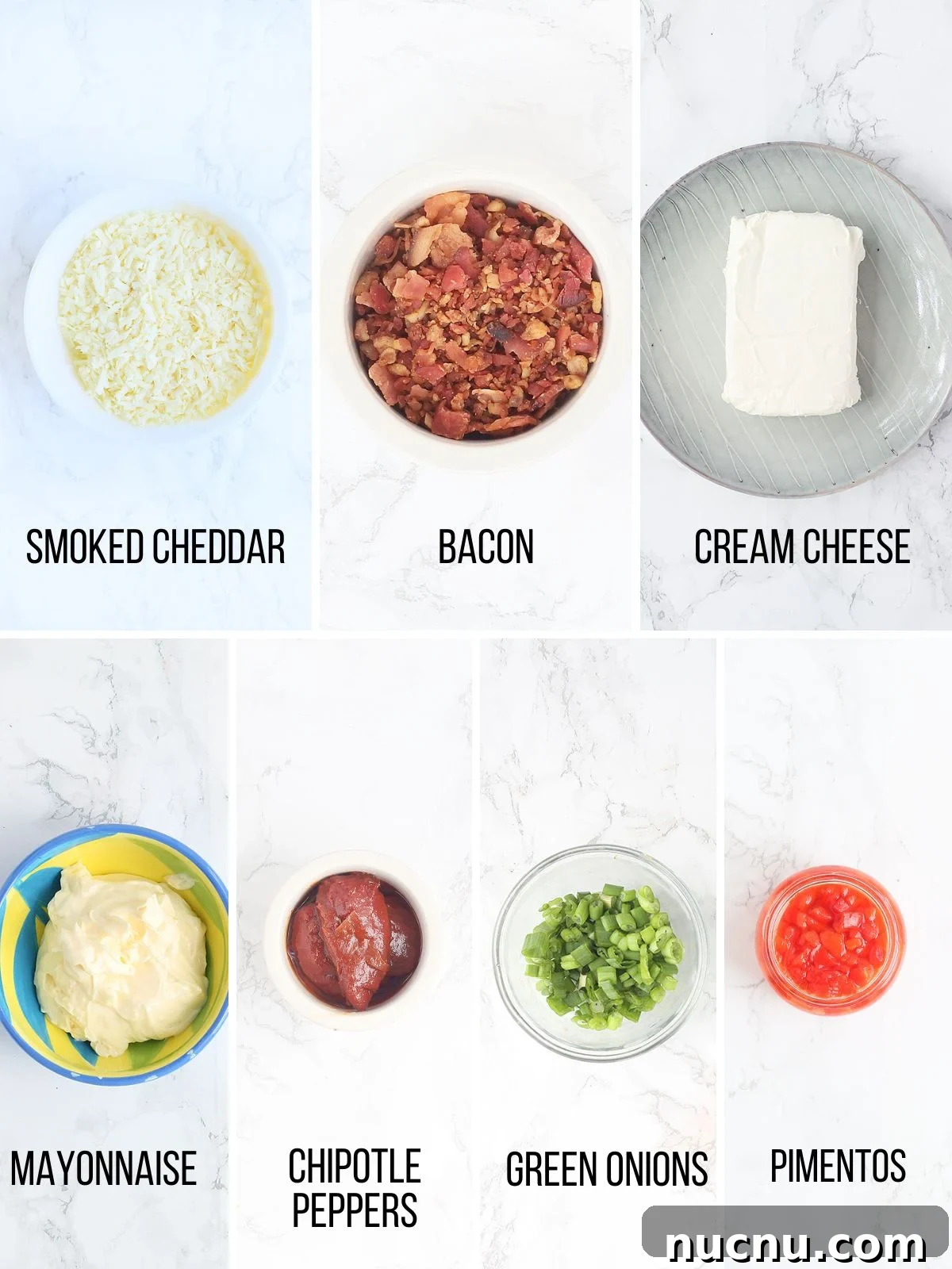Spicy Chipotle Pimento Cheese Spread Recipe 3 Collage of ingredients needed to make hot pimento cheese spread.