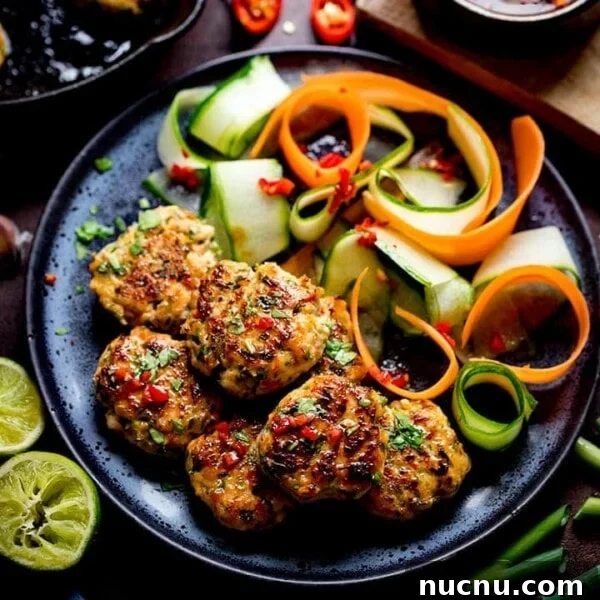 Authentic Thai Green Chicken Curry Recipe (Step-by-Step) 14 Thai Fishcake Bites and vegetable ribbons on a dark plate
