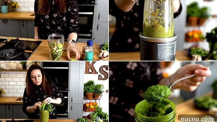 Authentic Thai Green Chicken Curry Recipe (Step-by-Step) 4 A collage of preparing Thai Green Curry Paste, blending ingredients and scooping the finished mixture from a blender jug.