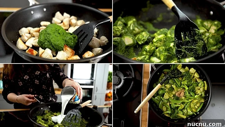 Authentic Thai Green Chicken Curry Recipe (Step-by-Step) 5 Four panels show the process of cooking a Thai green curry with chicken and vegetables in a frying pan, including adding Thai green curry paste and pouring in coconut milk.
