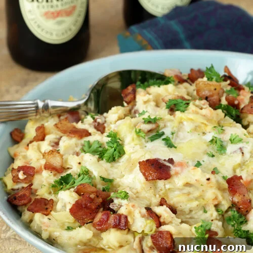 Colcannon with Bacon: Traditional Irish Mashed Potatoes Recipe 5 Irish Colcannon with Bacon in a Blue Bowl