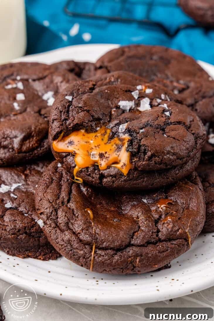 25 Unique Cookie Recipes You’ll Want to Bake Now 15 a plate of chocolate caramel cookies with a bite out of one.