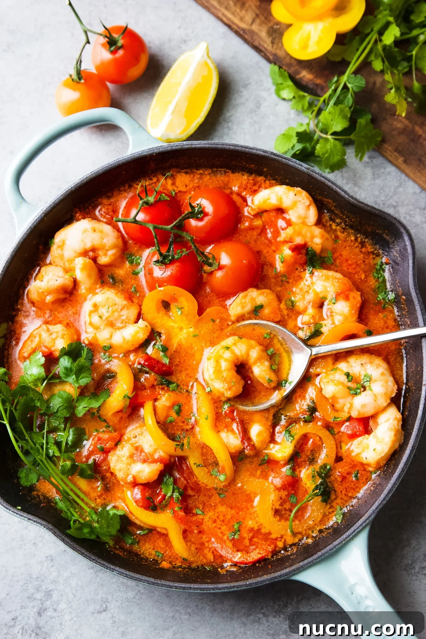 Moqueca de Camarão Shrimp Stew Recipe — Brazilian Coconut Shrimp Stew 2 Shrimp stew in coconut broth sauce with tomatoes and fresh cilantro.