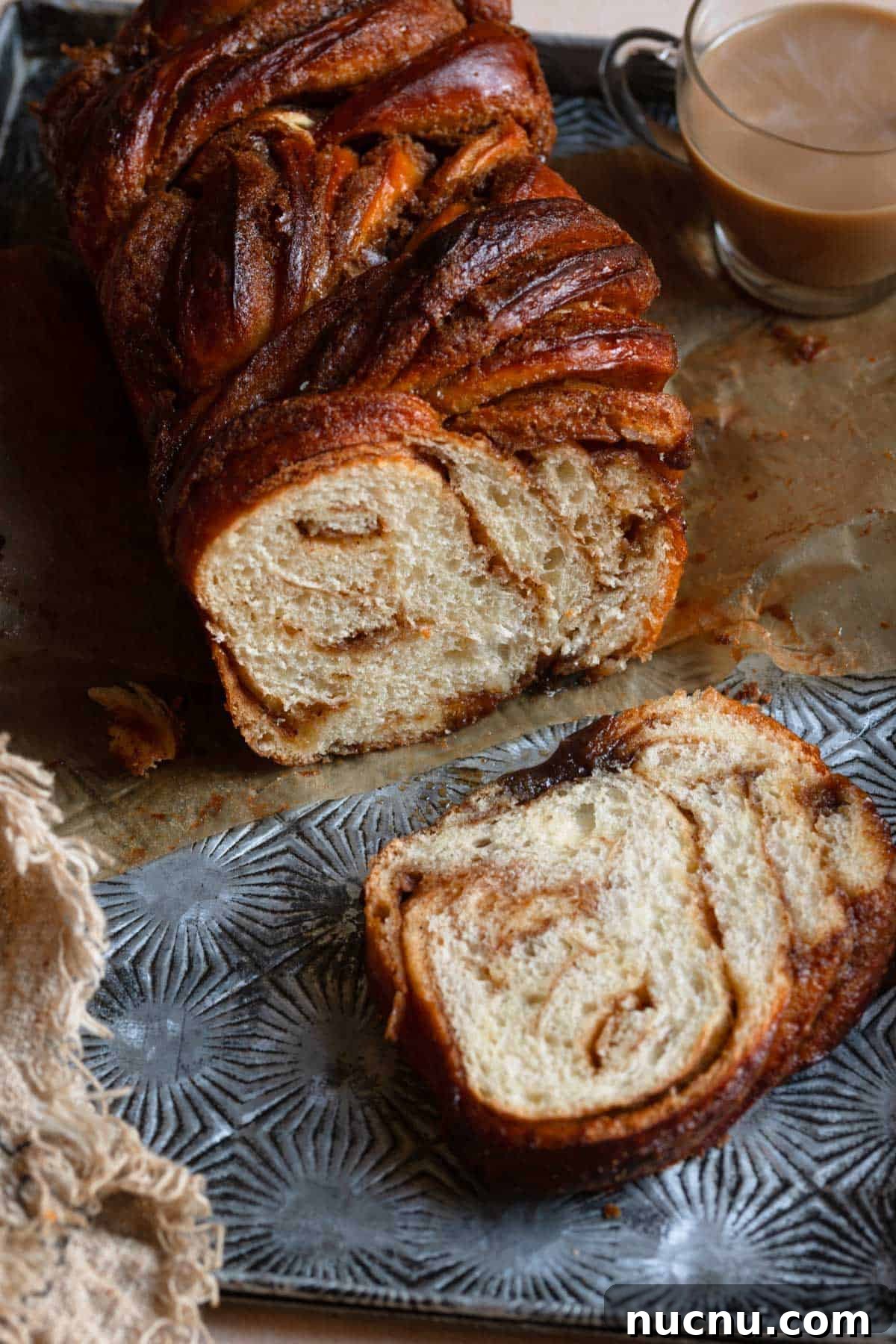 Sliced cinnamon babka.